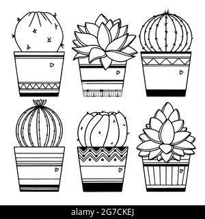 Set of cacti in pots isolated on white background. Succulents sketch. Stock Vector