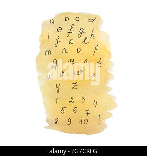 Watercolor background backdrop yellow with letters, alphabet, hand drawing. For banner, background, backdrop. For your design. Stock Photo