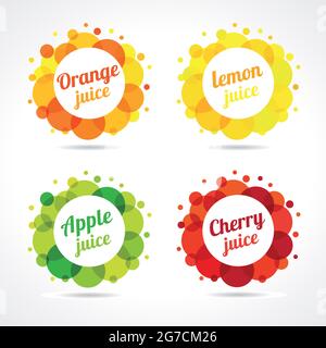 Set of logotypes. Food and beverage business. Isolated emblems, buttons or banners. Round bright coloured framed graphic template. Citrus, berry healt Stock Vector