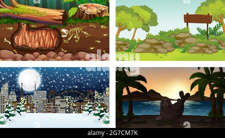 Four different nature horizontal scene  illustration Stock Vector