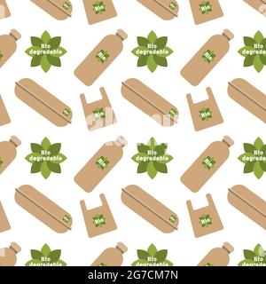Seamless pattern biodegradable packaging bag box container bottle. Ecology concept. Vector illustration Stock Vector
