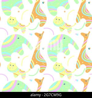 Children pattern with toy animals giraffe tiger elephant, pastel colors, seamless. For textiles covers backdrops backgrounds wrappers packaging labels. Vector illustration Stock Vector