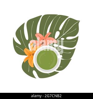 Matcha green tea mug Lilia flowers monstera leaf. Healthy drink, lifestyle. For banner backdrop design. Vector illustration Stock Vector