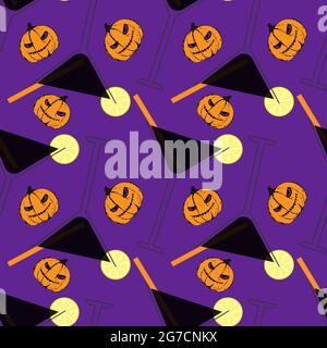 Pattern Halloween black martini lemonade with lemon, pumpkin hand drawing. For banner, background, textile, backdrop. Vector illustration Stock Vector