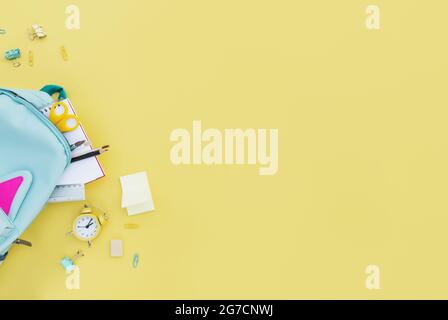 Back to school conceptual flat lay with different office supply items and copy space area for text. Concept for primary and secondary school pupil. Pu Stock Photo