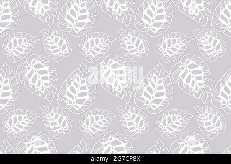Monstera doodling leaves seamless pattern, pastel colors, white. For textiles backgrounds packaging wrapping furniture upholstery. Vector illustration Stock Vector