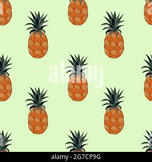 Seamless pattern with pineapples, hand-drawing doodling, green background. For textile backdrop background cover packaging banner. Vector illustration Stock Vector