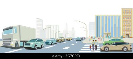 Big city with road traffic in traffic jam and public transport ...