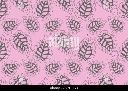 Monstera doodling leaves seamless pattern, pink background and gray monstera leaves. For textiles backgrounds packaging wrapping furniture upholstery. Vector illustration Stock Vector