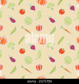 Seamless pattern with vegetables, healthy food. Vegetables tomato cucumber peppers arugula pumpkin peppers cabbage broccoli peas lettuce carrots beets. Vector illustration Stock Vector