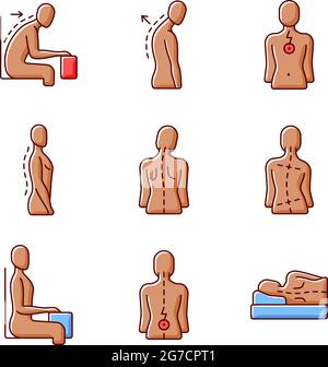 Back and posture problems RGB color icons set Stock Vector