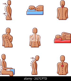 Back and posture problems RGB color icons set Stock Vector