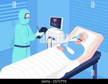 Covid patient in intensive care flat color vector illustration Stock Vector