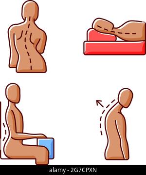 Poor posture problems RGB color icons set Stock Vector