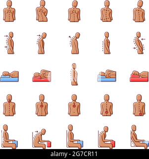Back and posture problems RGB color icons set Stock Vector