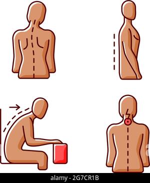 Bad posture problems RGB color icons set Stock Vector