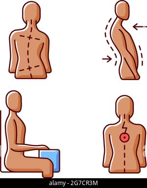 Bad posture problems RGB color icons set Stock Vector