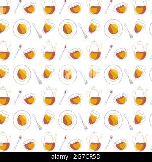 Pattern is seamless dishes, doodling, on a white background. For the background, backdrop, banner, packaging, textiles. Vector illustration Stock Vector