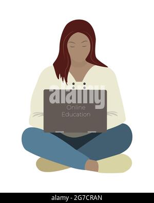 Girl with a laptop, distance learning. Isolated. Vector illustration Stock Vector