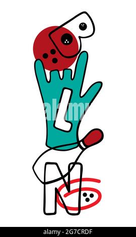 Bowling inscription with isolated elements, slide, pyramid of game items, glove, ball, skittles, hand drawing doodling. Vector illustration Stock Vector