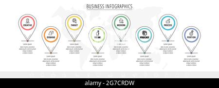 Line vector minimal infographic with pins. Business circle concept eight steps by step for diagram, chart, levels, graphic, app Stock Vector