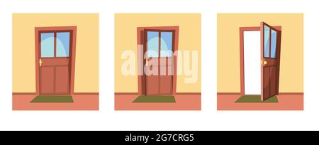 Set of doors. Open, half ajar and locked. From inside of room at home. Yellow wall. Way is open. Cartoon style. Vector Stock Vector