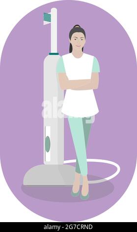 Ultrasonic toothbrush and girl dentist, electric brush, tools for cleaning teeth, dentistry. Vector illustration Stock Vector