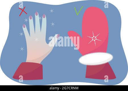 Frostbite, the hand is cold from the cold and the hand is warm in a mitten, danger, low temperature, frost. Vector illustration Stock Vector