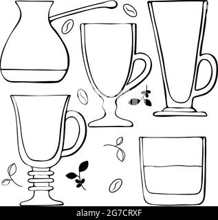 A set of glasses for coffee drinks and a glass of whiskey, latte, Irish coffee, coffee Turk, beans and coffee sprigs. Vector illustration Stock Vector