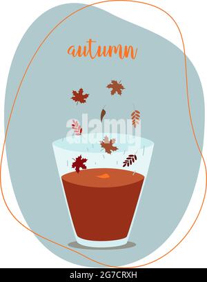 Mug with tea, leaves, autumn, autumn tea, rain, tea from leaves, blue background. For your design. Stock Vector