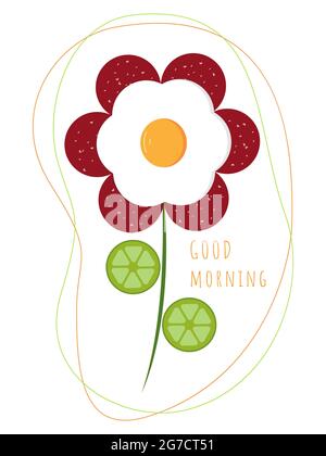 Fried eggs, omelet with sausage and fresh cucumber and onions, morning breakfast. Vector illustration Stock Vector