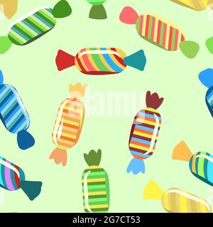 Sweets and scattered. Assorted lollipop dessert interspersed. Candy caramel wrapped. Bottom seamless pattern. Flat Background illustration. Vector Stock Vector