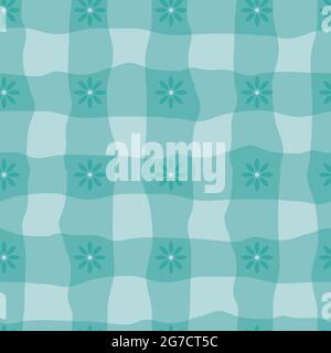 Watercolor effect gingham and flower vector seamless pattern background. Organic floral and irregular stripes painterly grid plaid backdrop. Aqua blue Stock Vector