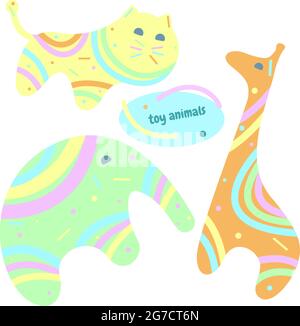 Set of toy animals, children toys, isolated, elephant, lion, giraffe, pastel colors. Vector illustration Stock Vector