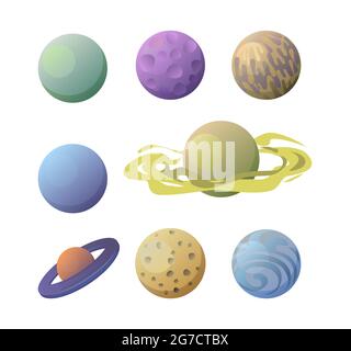 Set of space objects. Planets. Isolated on white background. Cartoon style. Flat design. Vector Stock Vector