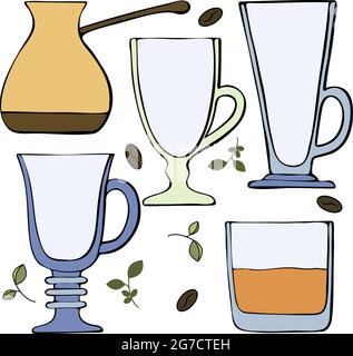 A color set of glasses for coffee drinks and whiskey, latte, Irish coffee ,turk, beans and coffee sprigs. Vector illustration Stock Vector