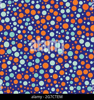 Fizzing bubbles seamless vector pattern background. Neon indigo blue orange backdrop dense polka dot shapes.Modern bubble scattered design, varied Stock Vector