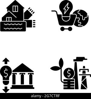 Renewable electrical energy black glyph icons set on white space Stock Vector