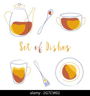 Dishes set, a simple elegant and stylish collection of modern handmade tableware. Vector illustration Stock Vector