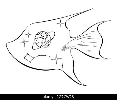 Fish silhouette with space objects comet, planet, star, constellation, doodling style, black freehand outline drawing. On a white background, coloring book. Vector illustration Stock Vector