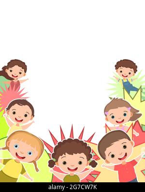 Children are joy. Frame. Happy childhood. Little boys and girls. Kid are having fun. Nice kid. Cartoon style. Isolated on white background. Vector Stock Vector