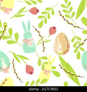 Easter holiday pattern with eggs, rabbits, flowers, willow for your design Stock Vector