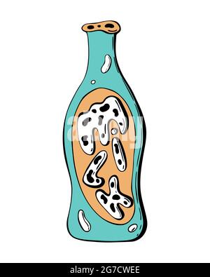 Milk bottle in doodling style, lettering Milk with black spots, hand drawing, blue, beige, isolated, white background. Vector illustration Stock Vector