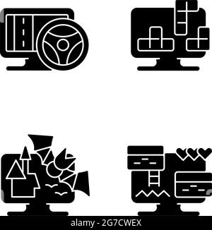 Life simulator games types black glyph icons set on white space Stock Vector