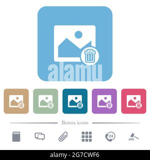 Delete image white flat icons on color rounded square backgrounds. 6 bonus icons included Stock Vector