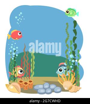The bottom of the reservoir with fish. Blue water. Sea ocean. Isolared. Underwater landscape with animals, plants, algae and corals. Illustration in Stock Vector