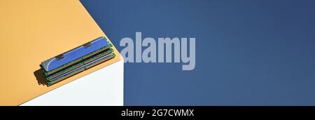Isometry trendy cube concept. Computer memory module. Yellow and blue Stock Photo