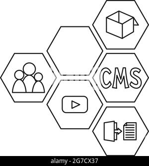 Line art black and white pattern of cms elements. Hexagon arrow point left. Content management system vector illustration for web site, banner or leaf Stock Vector