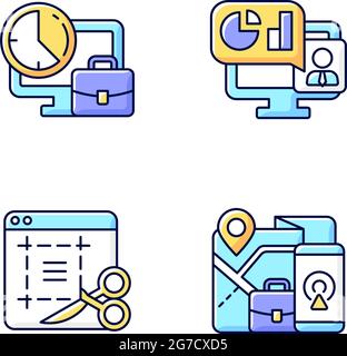 Remote work monitoring RGB color icons set Stock Vector