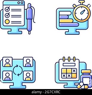 Tracking for remote work RGB color icons set Stock Vector